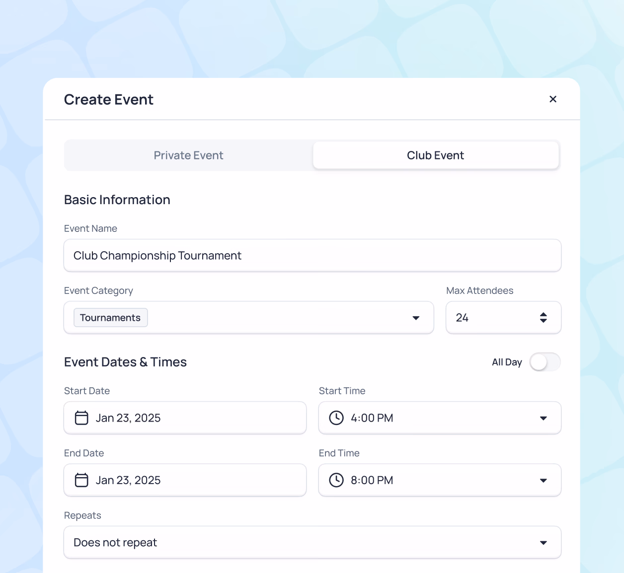 Create Event form for Club Championship Tournament scheduled Jan 23, 2025 from 4:00 PM to 8:00 PM with max 24 attendees