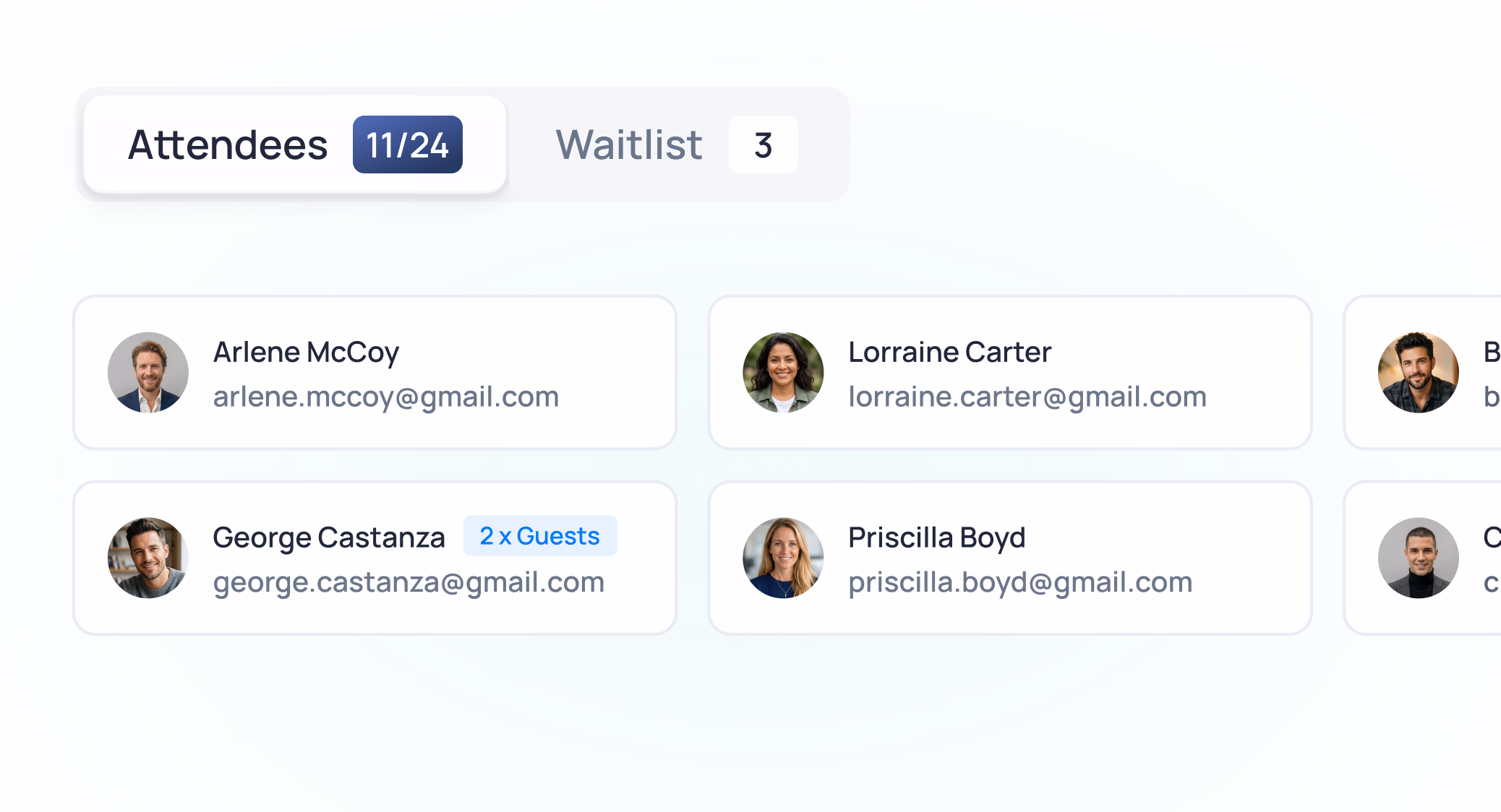 Event attendees list showing 11 of 24 confirmed guests and 3 on waitlist with names and emails displayed