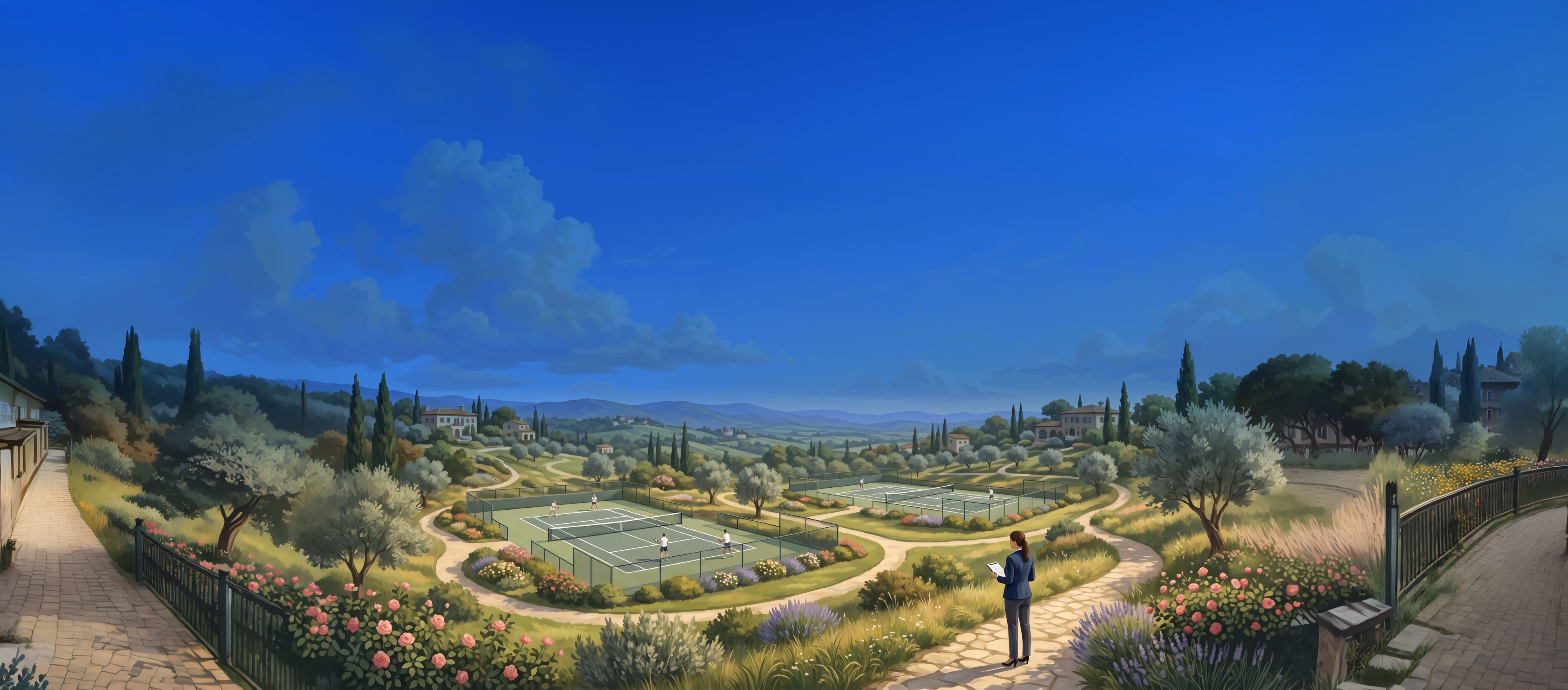 Tuscan landscape with cypress trees, rolling hills, olive groves, and a figure standing on a pathway overlooking the countryside
