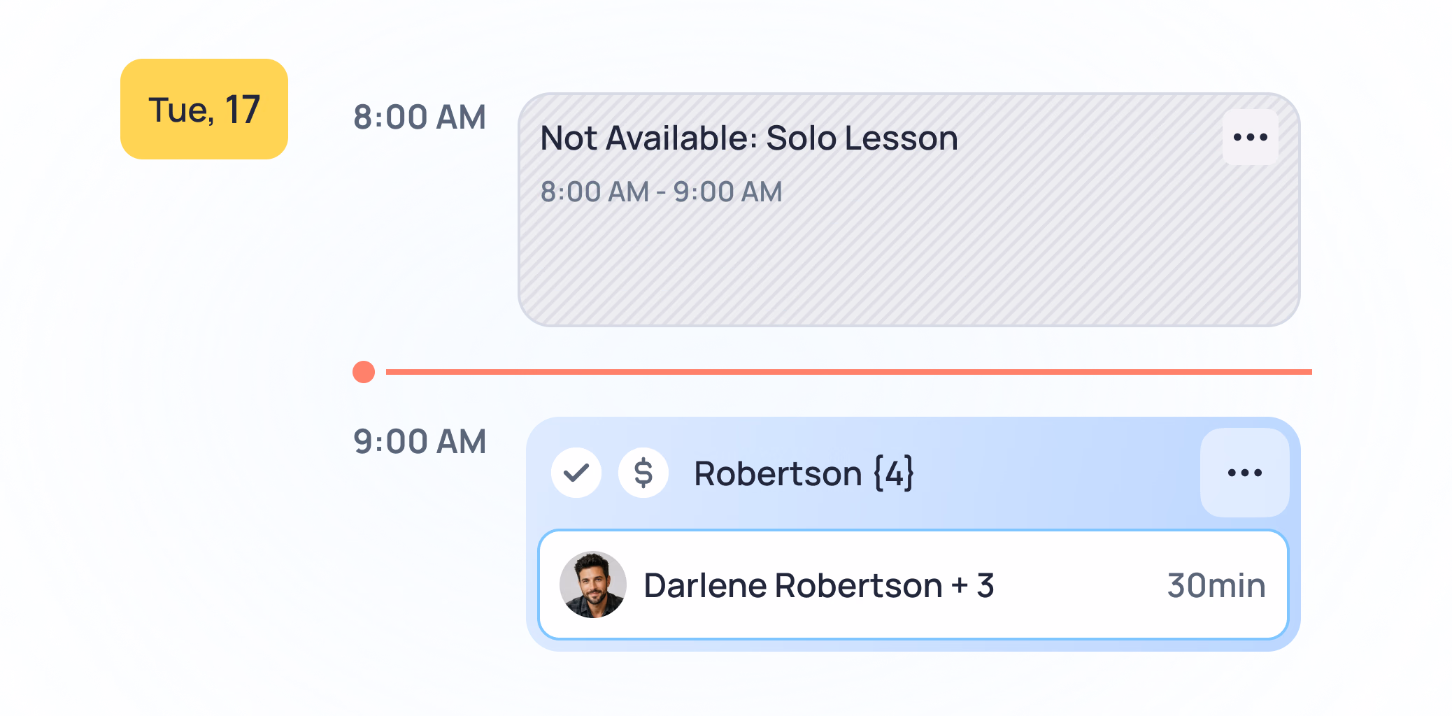 Calendar view for Tuesday, June 17 showing a solo lesson unavailable 8-9 AM and a Robertson lesson at 9 AM with Darlene Robertson plus 3 others for 30 minutes