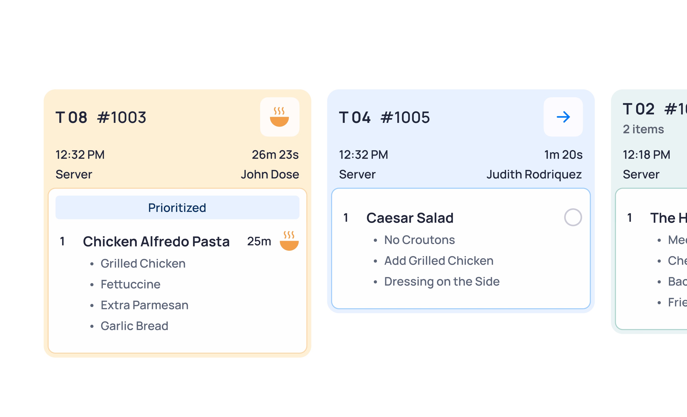Restaurant order tickets showing table numbers, times, items ordered, and server names for kitchen display system