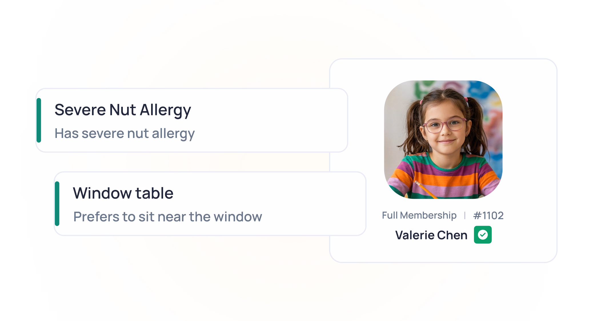 Profile card showing Valerie Chen's preferences: severe nut allergy and window table seating preference