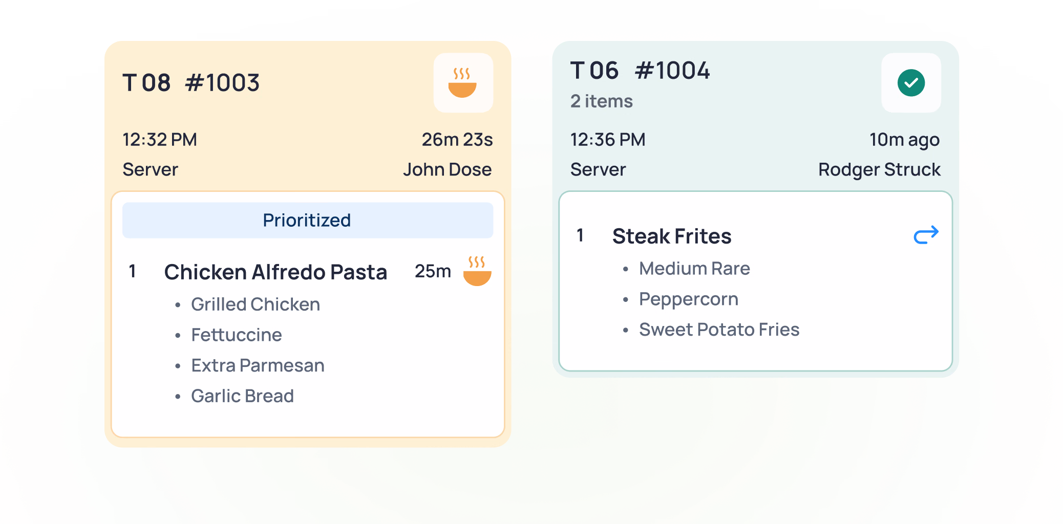 Two restaurant order tickets showing prioritized items: Chicken Alfredo Pasta and Steak Frites with preparation times and customer names