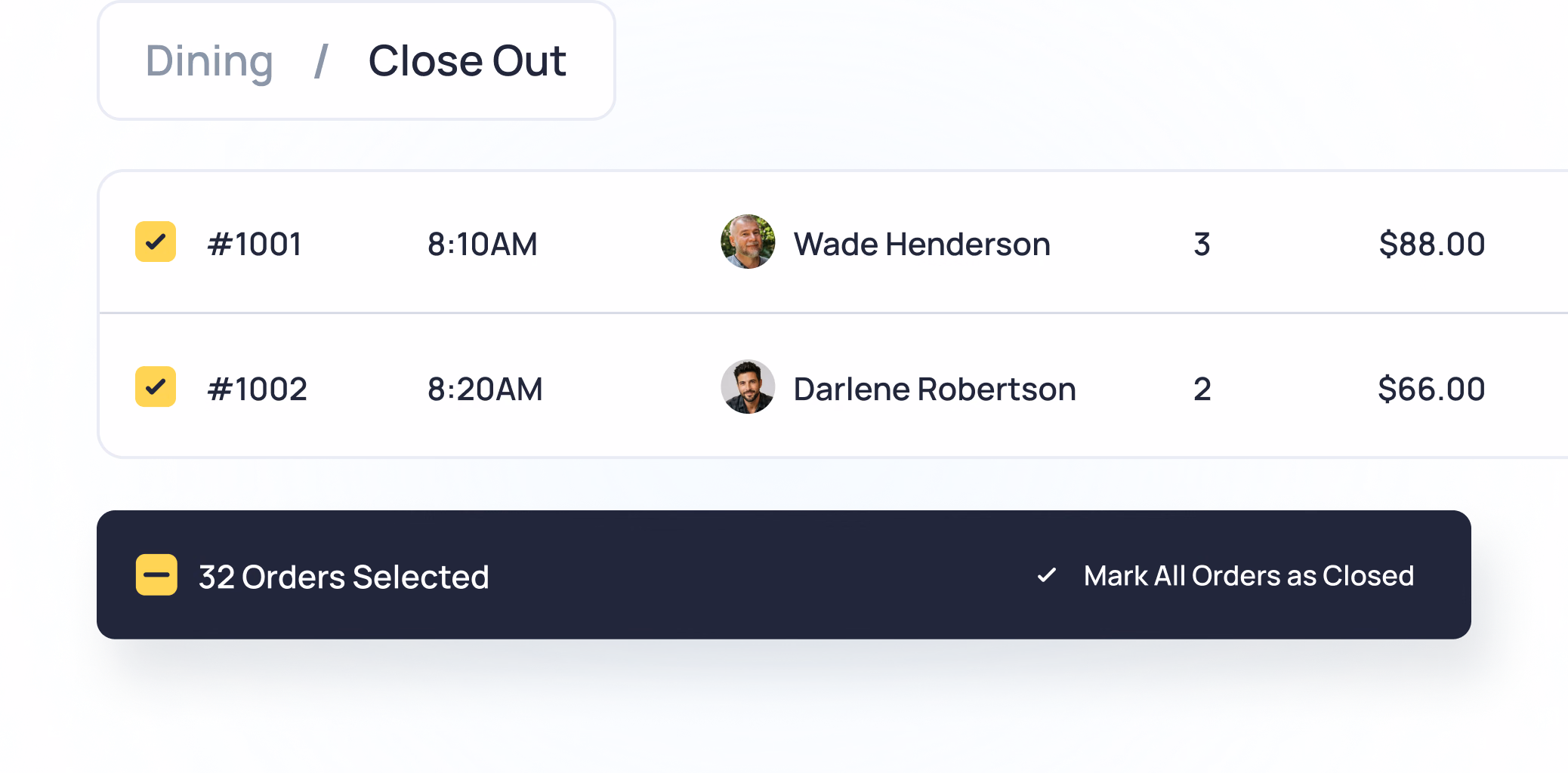 Dining close out interface showing 2 selected orders with details and option to mark all 32 orders as closed