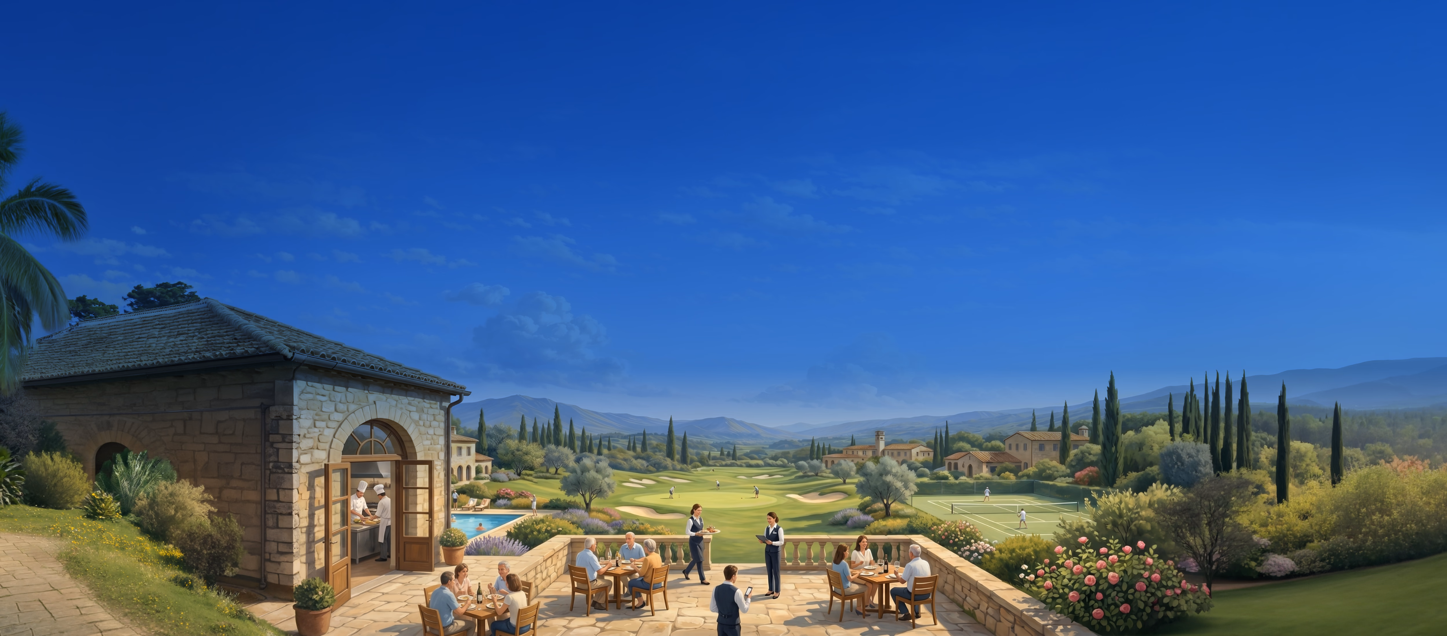 Tuscan villa terrace with guests dining overlooking rolling hills and cypress trees under blue sky