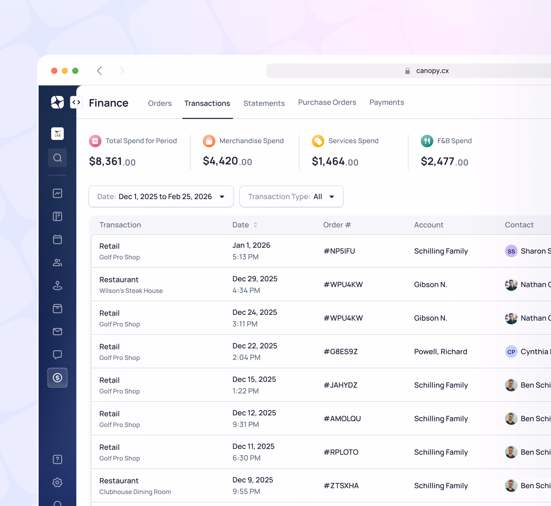 Finance dashboard showing spending categories and transaction history for Jan 1 - Feb 25, 2026