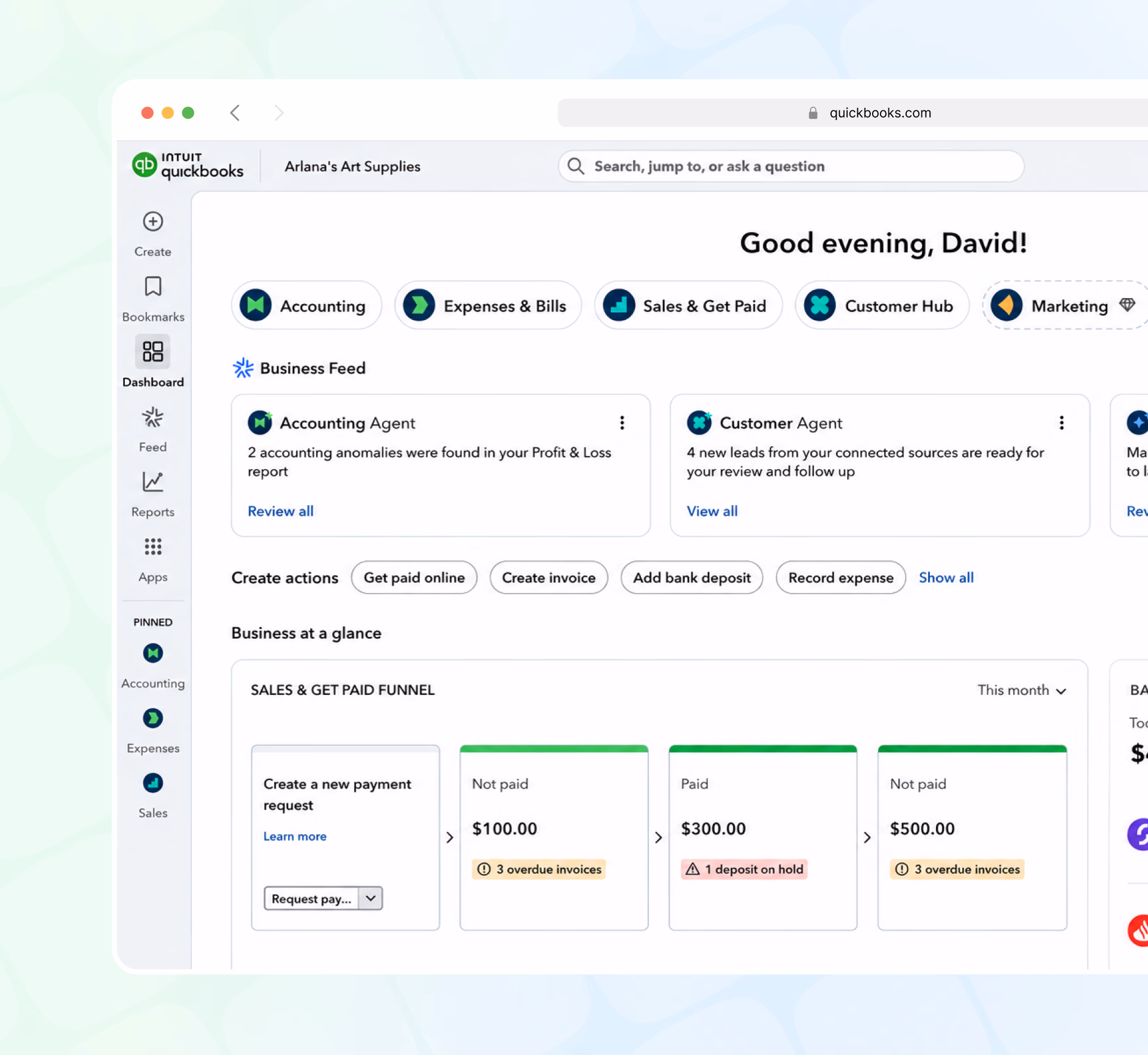 QuickBooks dashboard showing accounting overview with sales funnel metrics, payment requests, and business at a glance section for user David