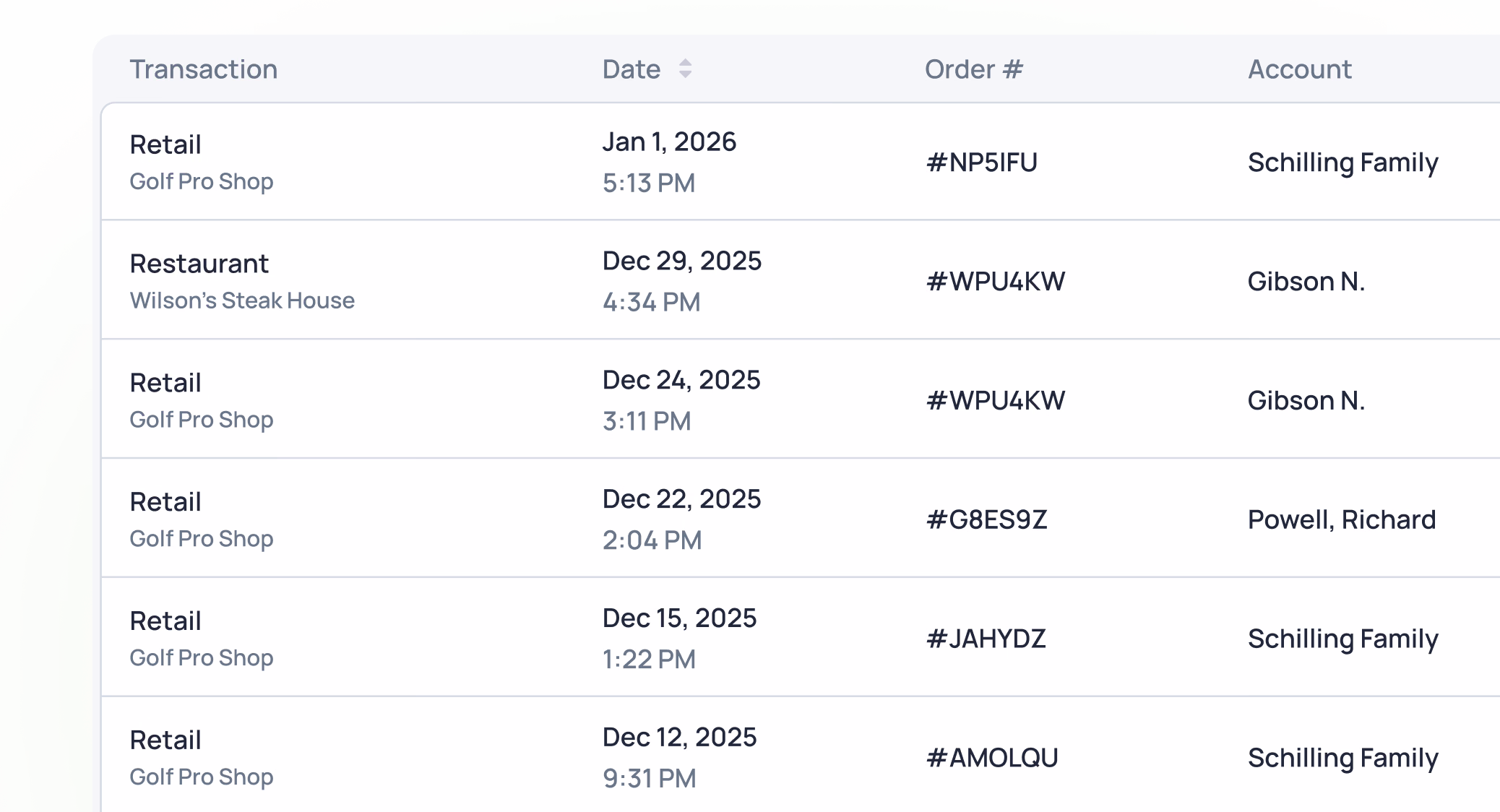 Transaction table showing retail and restaurant purchases with dates, order numbers, and account names from December 2025 to January 2026