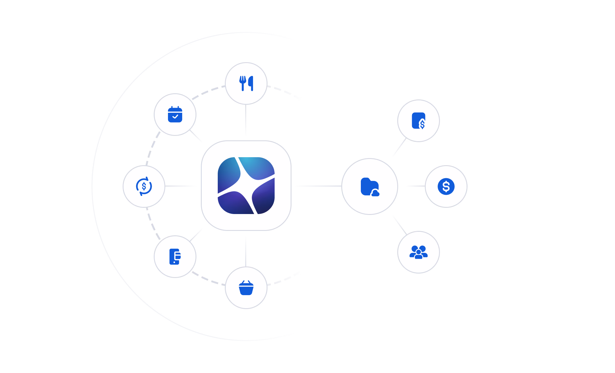 Blue and white network diagram showing a central app icon surrounded by eight connected feature icons representing various financial services