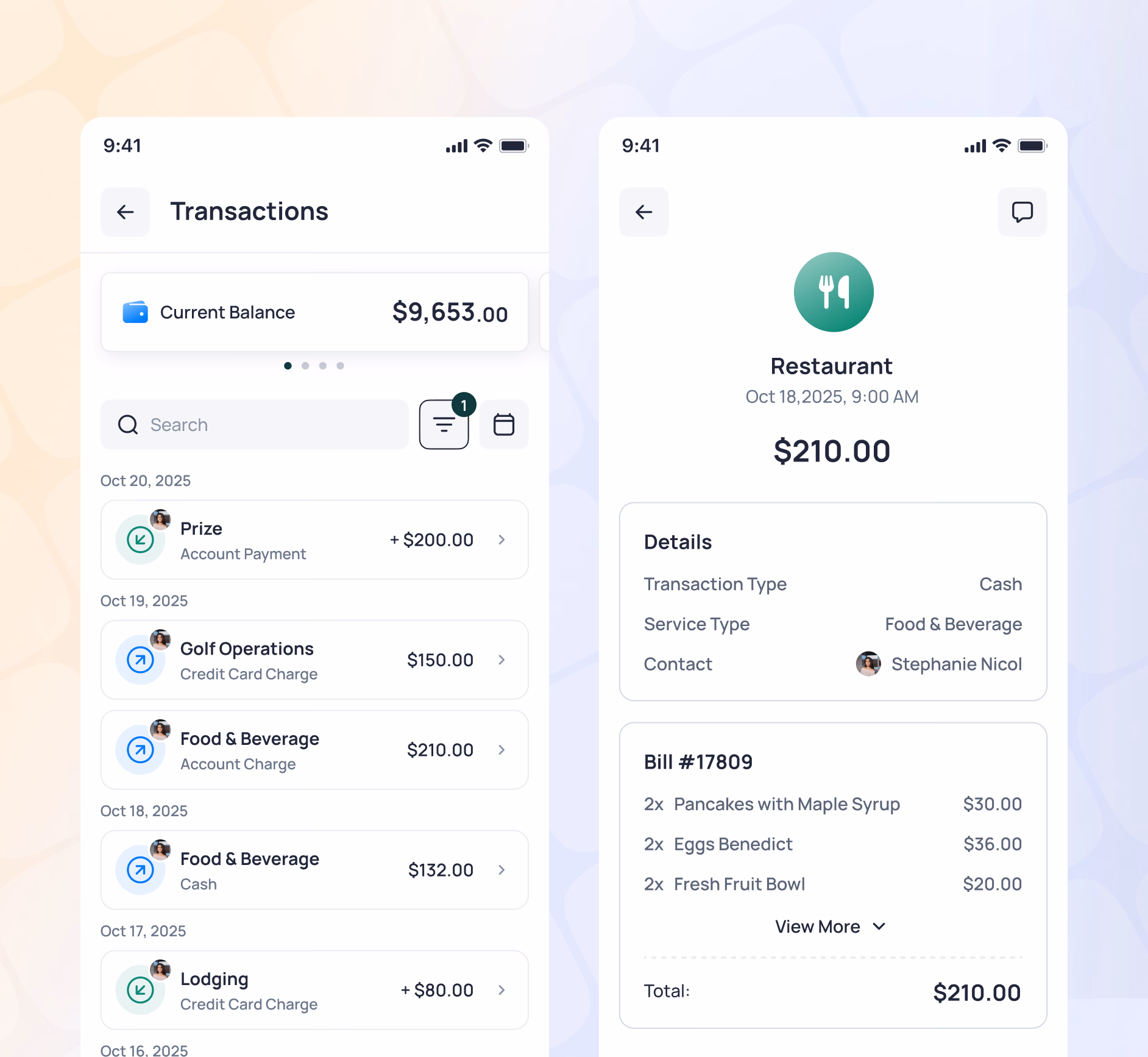 Mobile banking app showing transaction history and restaurant payment details of $210.00