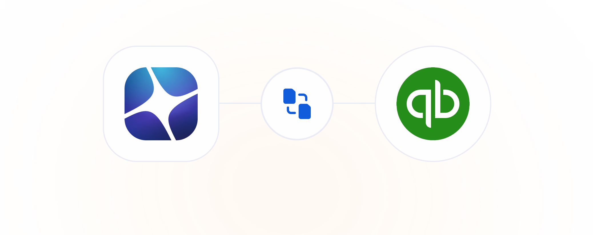 Three app logos connected by arrows: a blue and purple four-leaf design, a blue Zapier icon, and a green QuickBooks logo