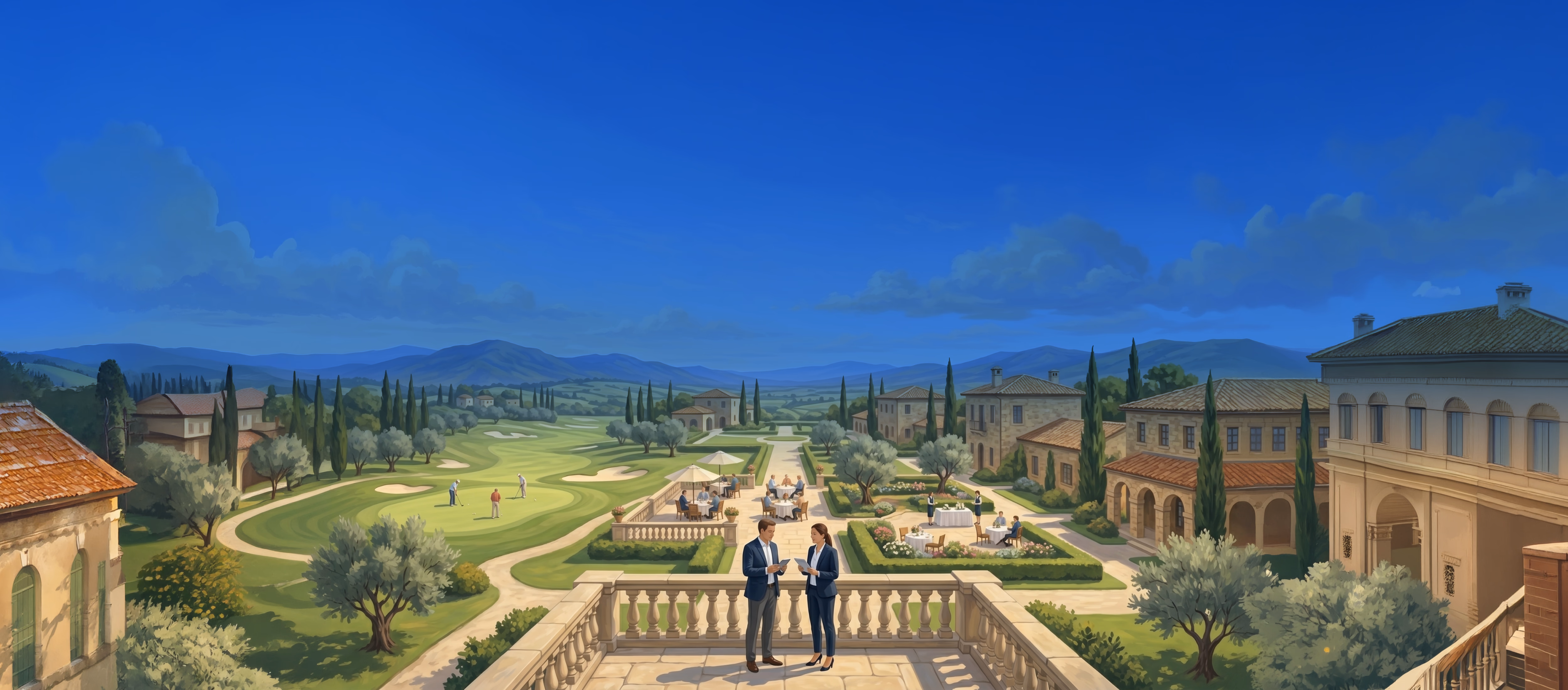 Tuscan villa terrace overlooking manicured gardens, cypress trees, and rolling hills under blue sky