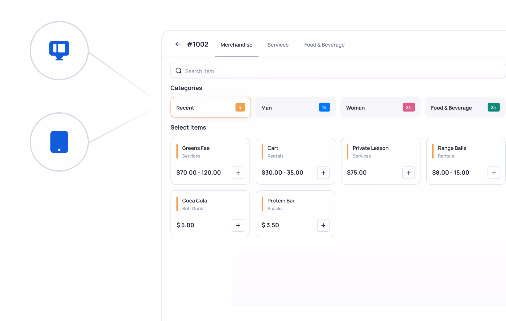 E-commerce store #1002 showing merchandise categories with product listings for food, beverages, and apparel items with prices