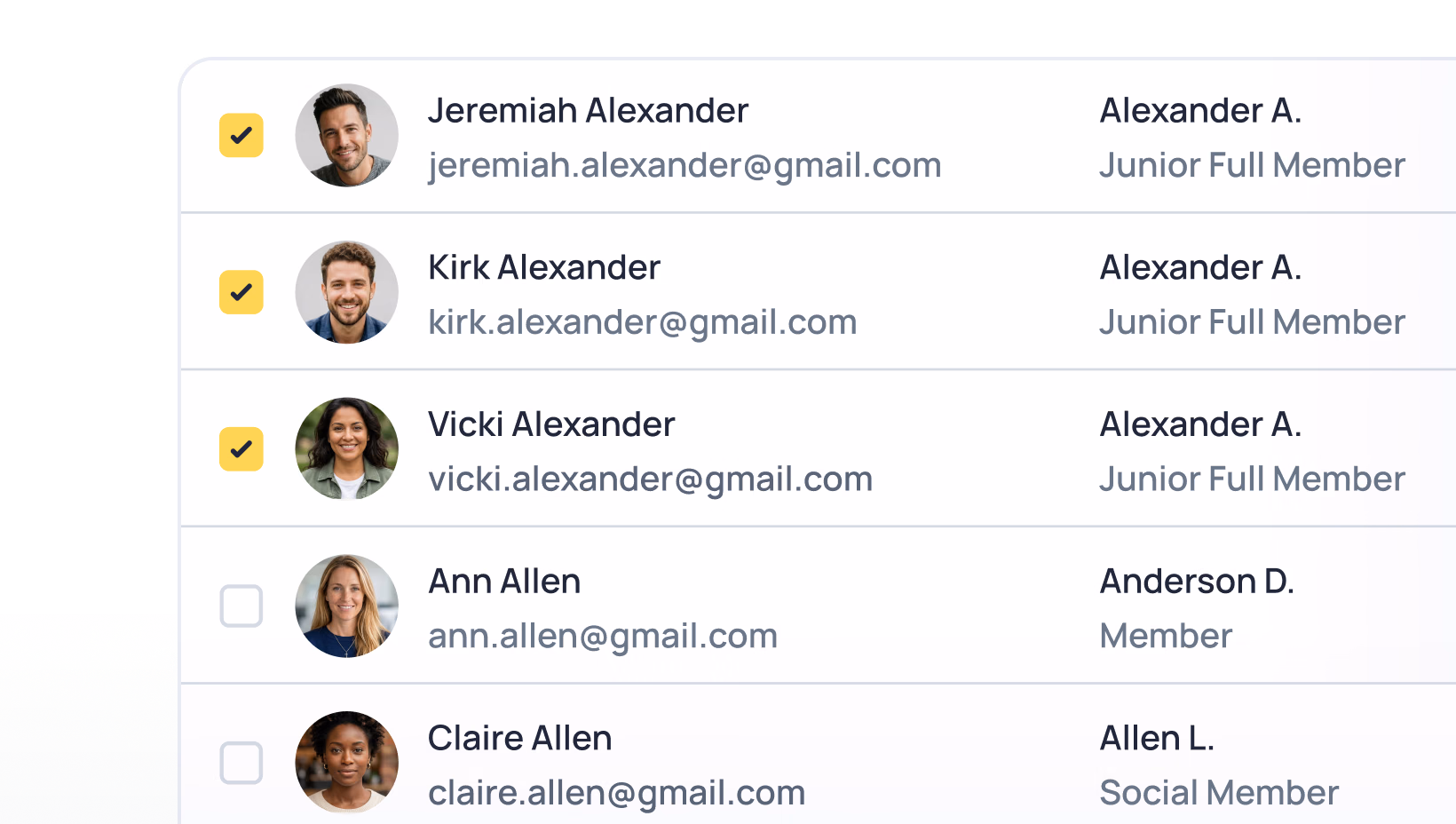 Member list showing five people with names, emails, and membership status for Alexander A. and Anderson D. groups