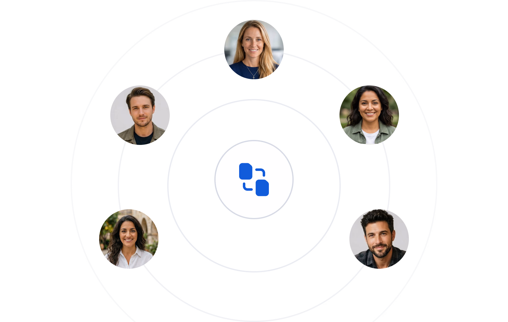 Five people arranged in a circle around a blue chat icon in the center