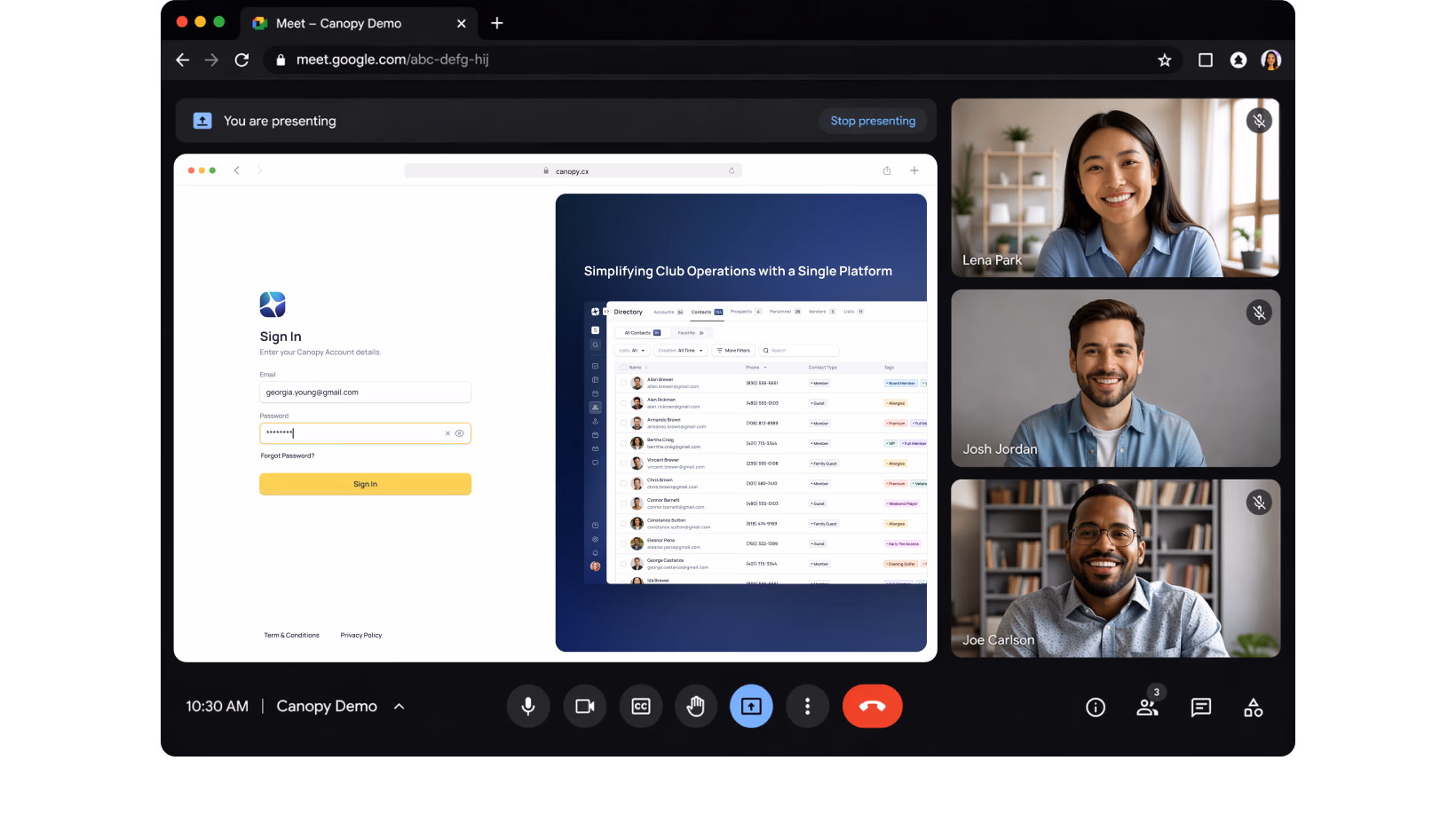 Video conference call with three participants and screen share showing a login page and dashboard interface