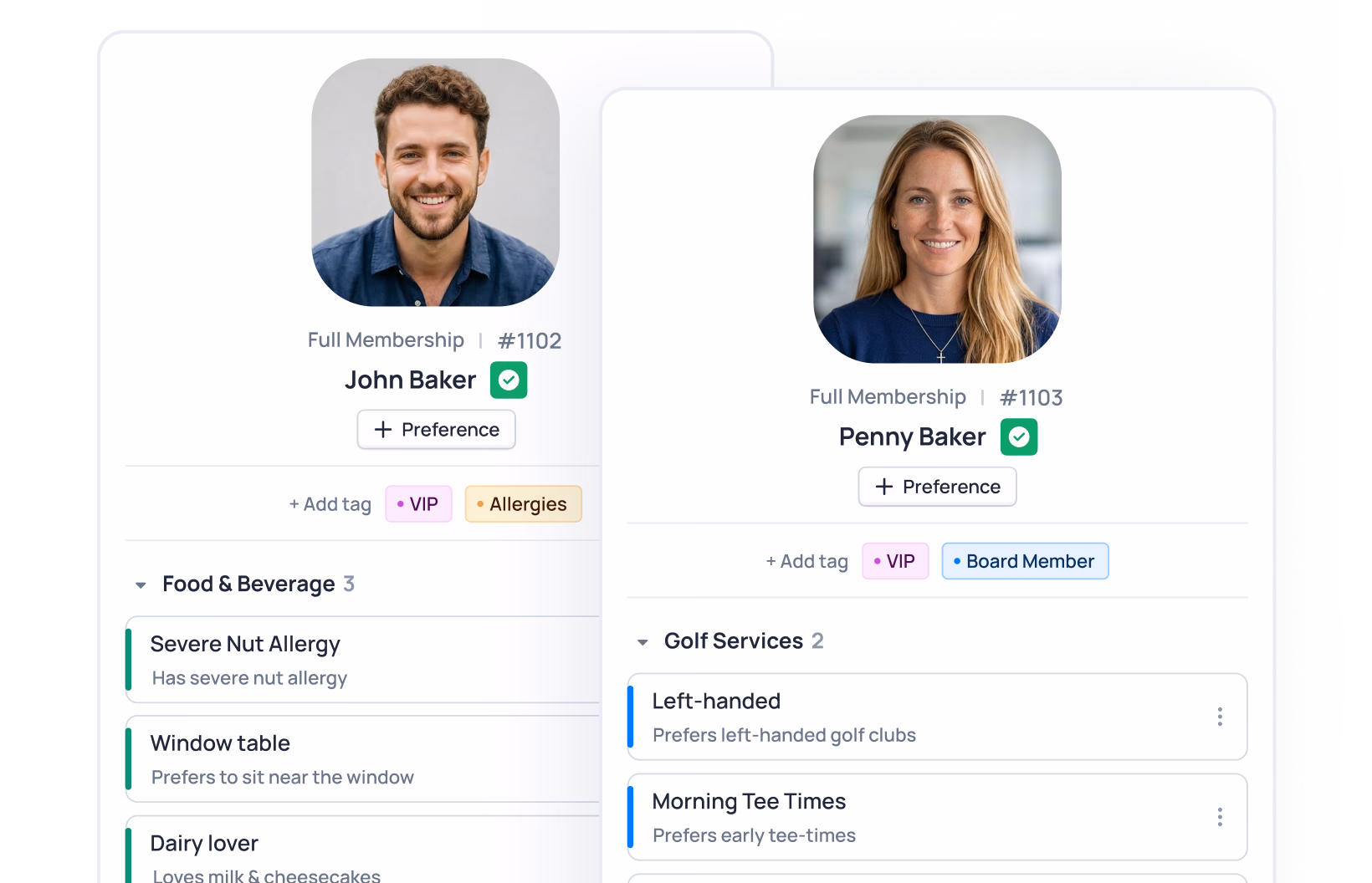 Two member profiles showing John Baker (#102) and Penny Baker (#103) with their preferences including food allergies, golf services, and membership details