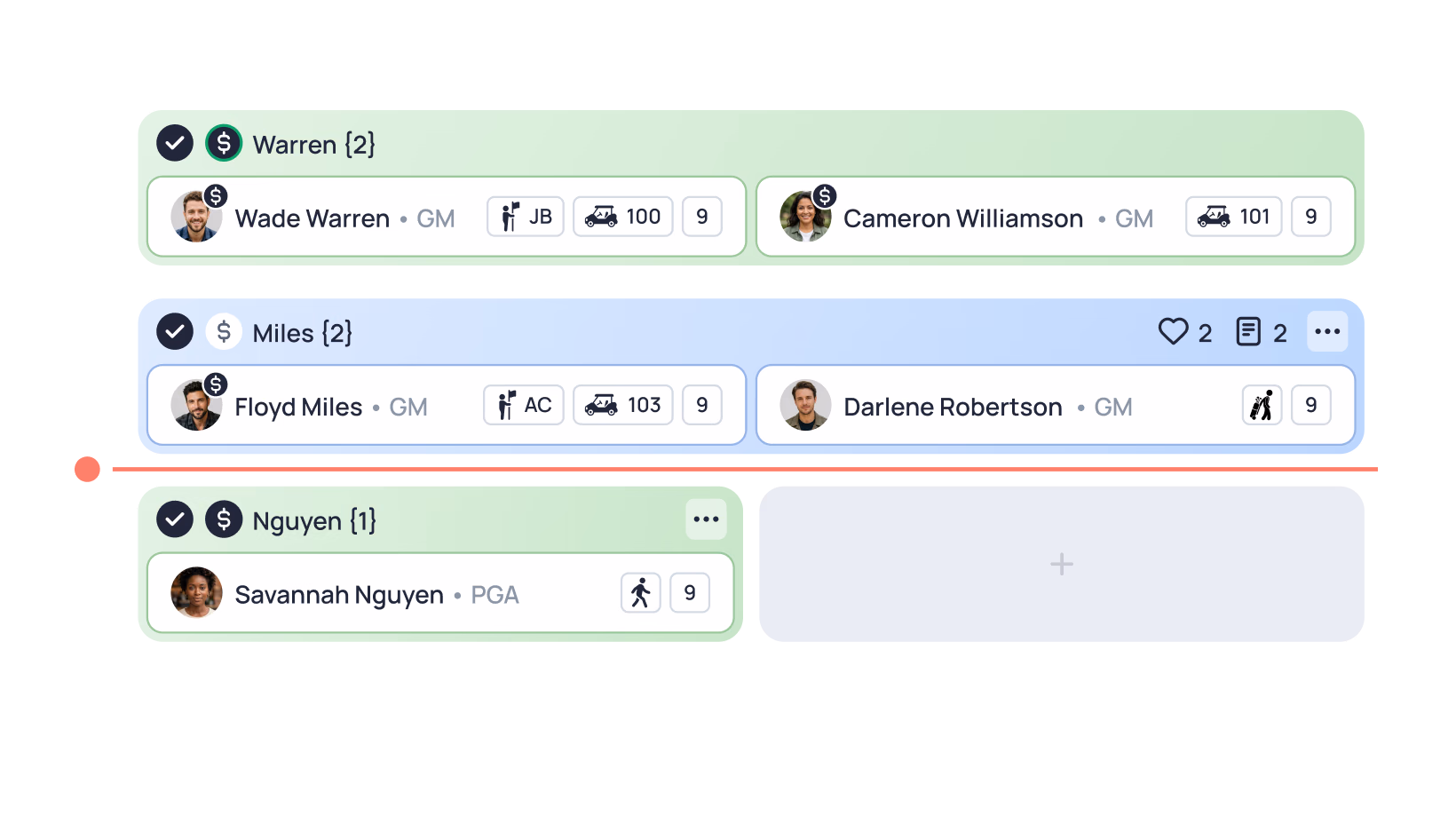 A contact list showing three groups: Warren with Wade Warren and Cameron Williamson, Miles with Floyd Miles and Darlene Robertson, and Nguyen with Savannah Nguyen