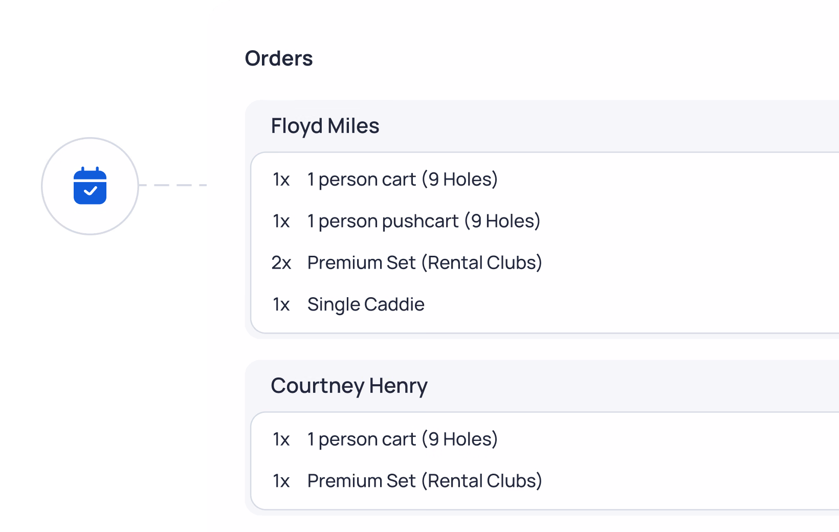 Orders list showing items for Floyd Miles and Courtney Henry, including carts, pushcarts, premium sets, and caddies
