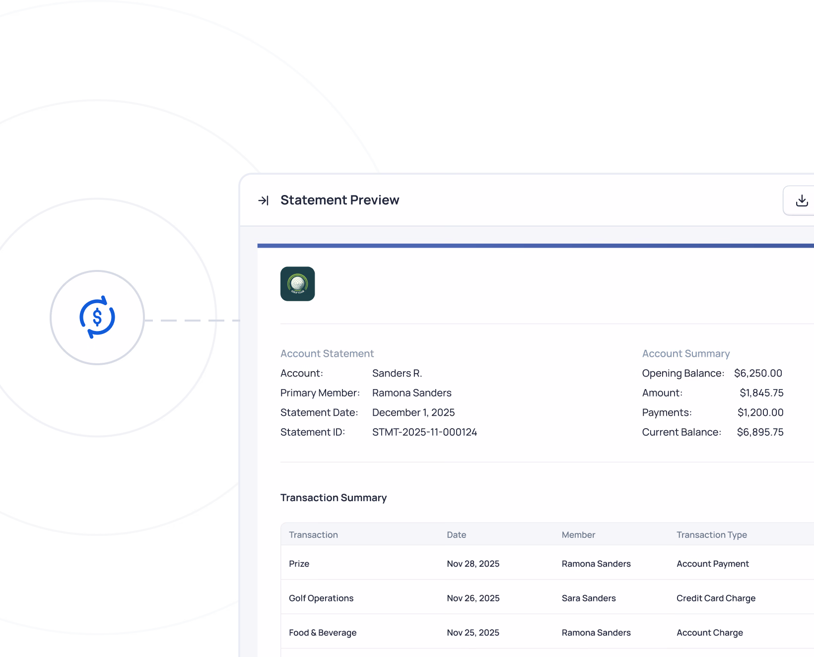 Bank statement preview showing account details, balance summary, and transaction history for Sanders B