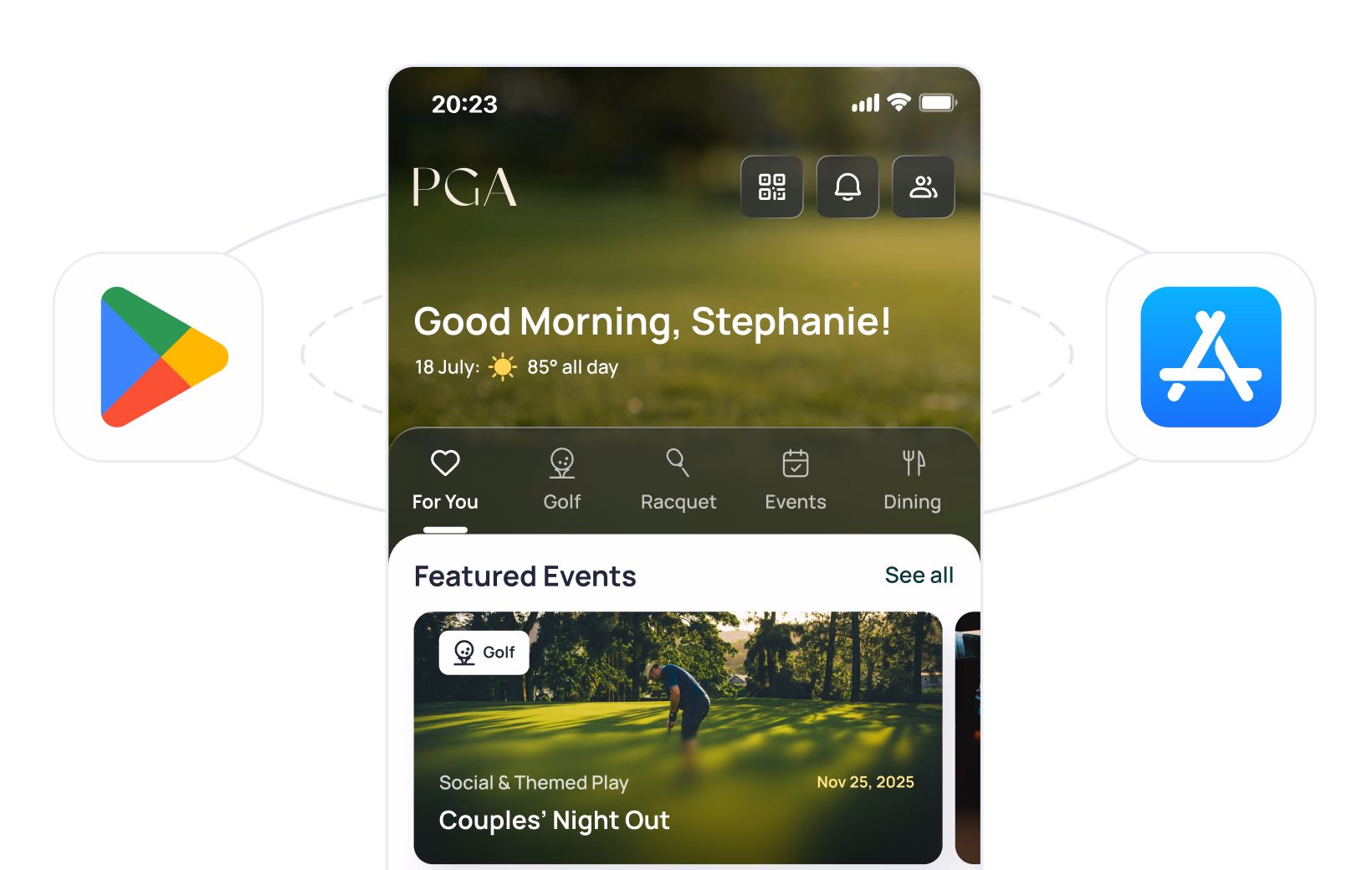 PGA app interface showing "Good Morning, Stephaniel" greeting with navigation tabs and a featured "Couples' Night Out" golf event on Nov 25, 2025