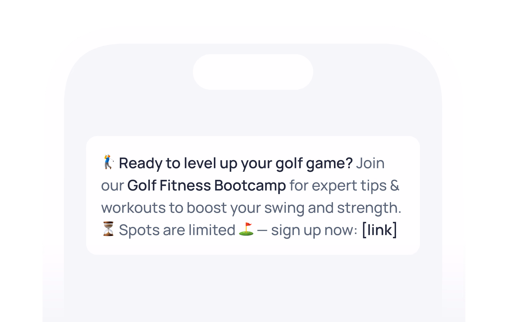 Promotional message advertising a Golf Fitness Bootcamp with limited spots available and a sign-up link