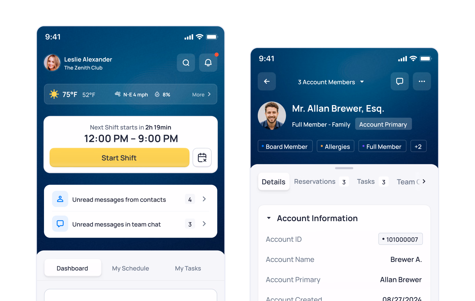 Mobile app screens showing user dashboard with shift schedule and account member details for Mr. Allan Brewer, Esq