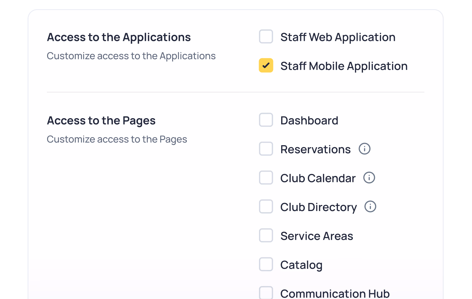 Access settings showing Staff Mobile Application checked and unchecked options for Dashboard, Reservations, Club Calendar, Club Directory, Service Areas, Catalog, and Communication Hub