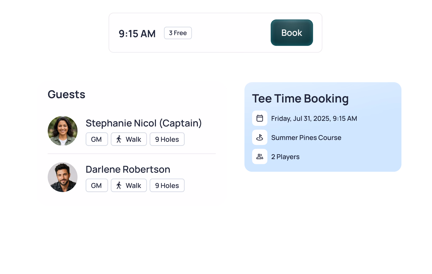 Golf tee time booking for 2 players at Summer Pines Course on Friday, July 31, 2025 at 9:15 AM