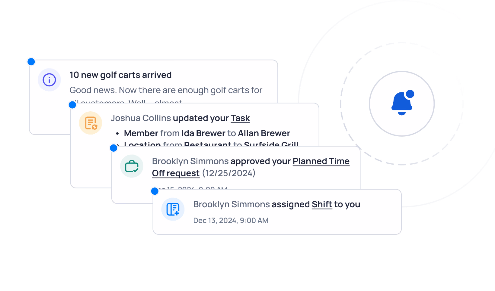 Activity feed showing notifications about golf carts, task updates, and shift assignments from team members