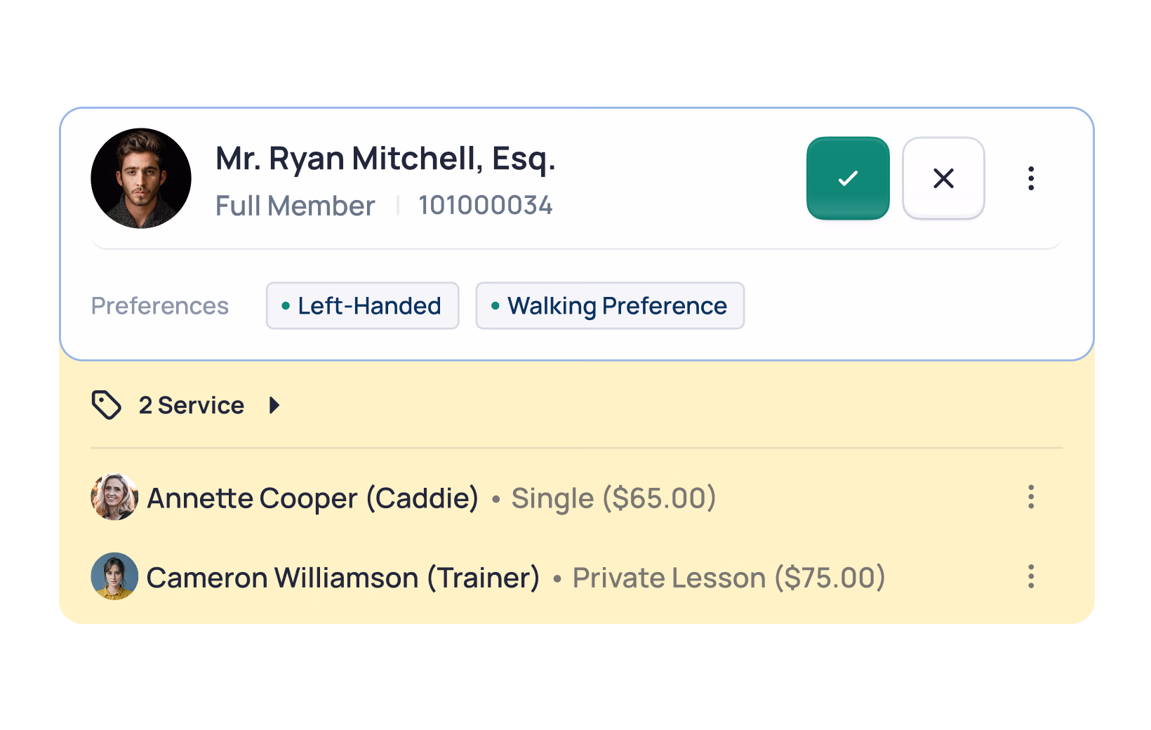 Profile for Mr. Ryan Mitchell showing 2 services: caddie Annette Cooper ($65) and trainer Cameron Williamson ($75)