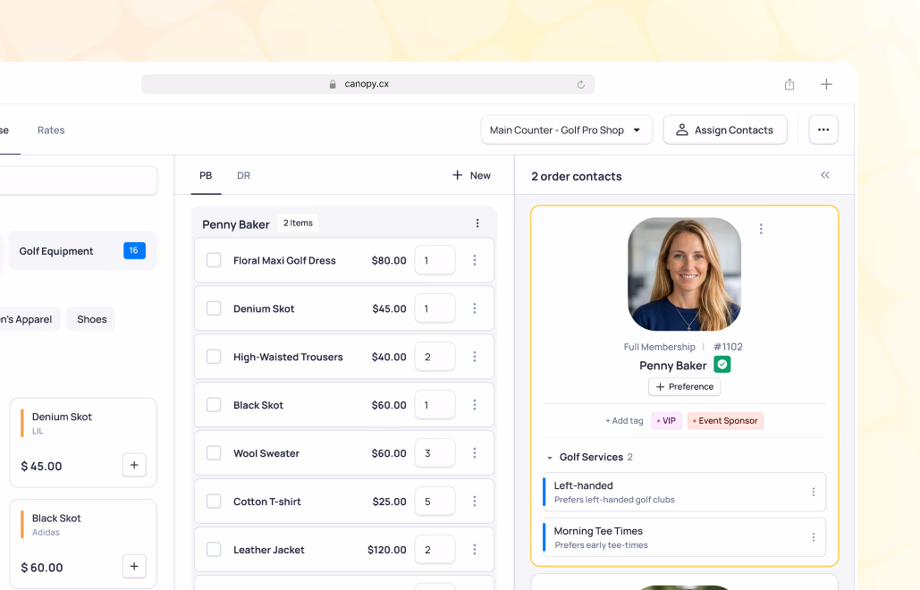 E-commerce product catalog showing golf equipment items with prices and a contact card for sales associate Penny Baker