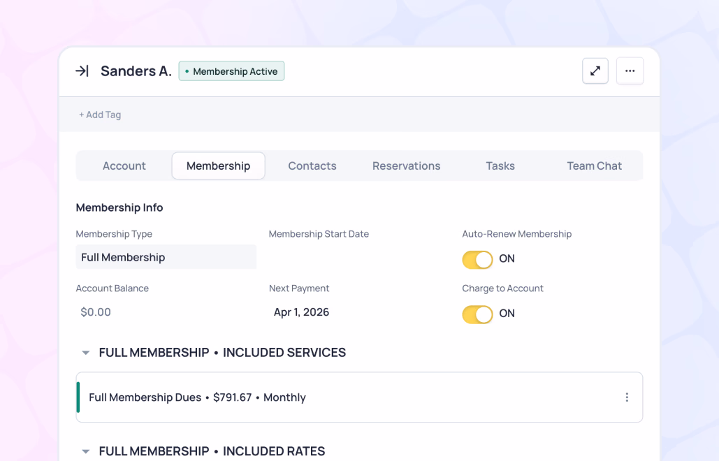 Sanders A's membership profile showing Full Membership active status with $0.00 account balance and $791.67 monthly dues