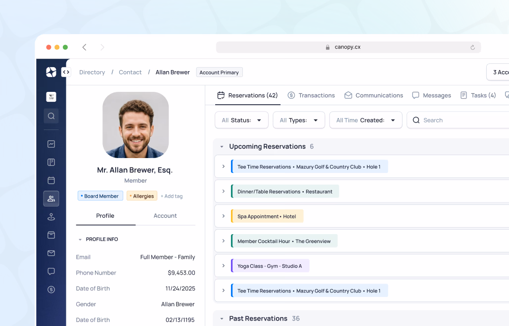 Customer profile dashboard for Mr. Allan Brewer showing upcoming and past reservations with contact details and account information