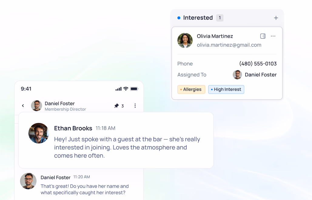 Mobile chat interface showing conversation between Daniel Foster and Ethan Brooks about a guest interested in membership, with Olivia Martinez's contact details displayed