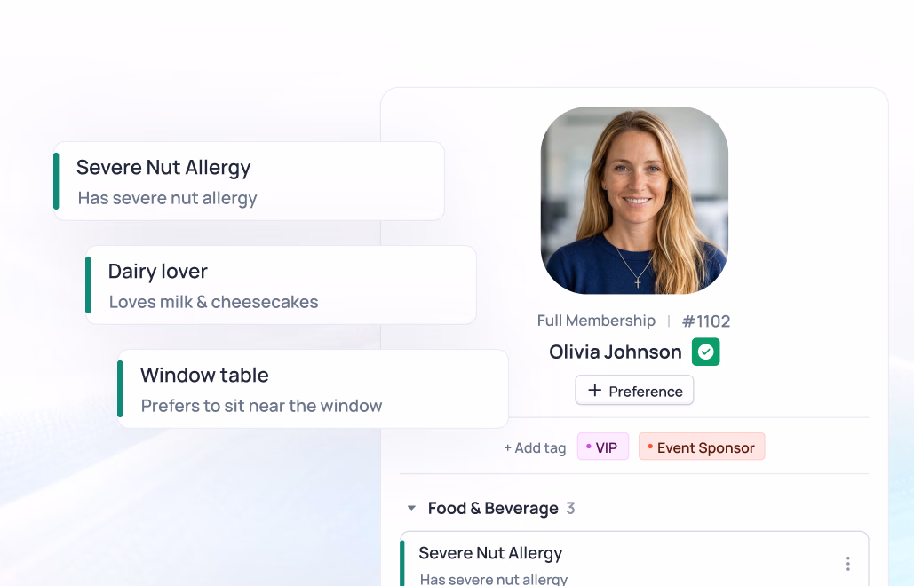 Olivia Johnson's profile showing membership details, preferences including severe nut allergy, dairy lover, and window table seating