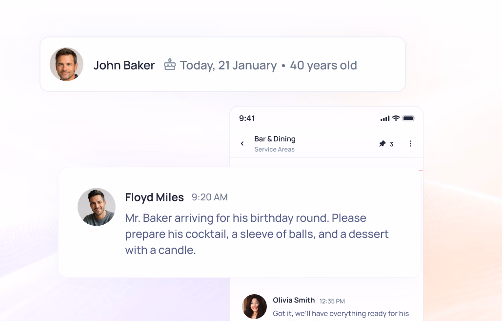 Chat message from Floyd Miles requesting cocktail, balls, and dessert with candle for John Baker's birthday at a bar and dining venue
