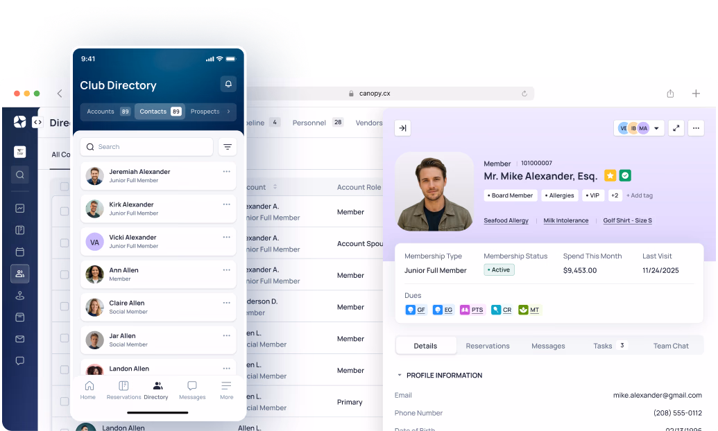 Club Directory interface showing member list with profile cards and account information dashboard