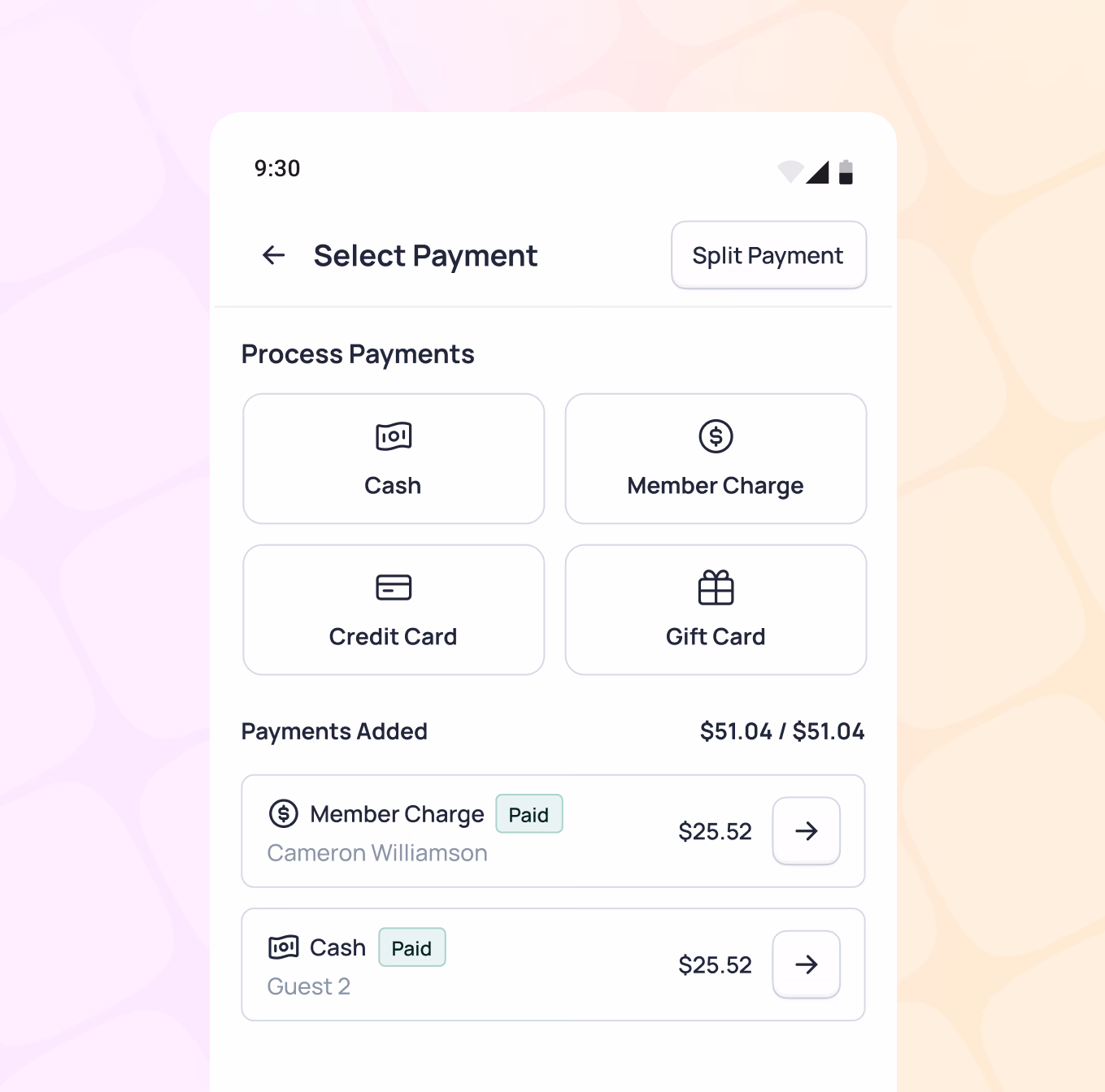 Payment selection screen showing cash, member charge, credit card, and gift card options with $51.04 total split between two payments
