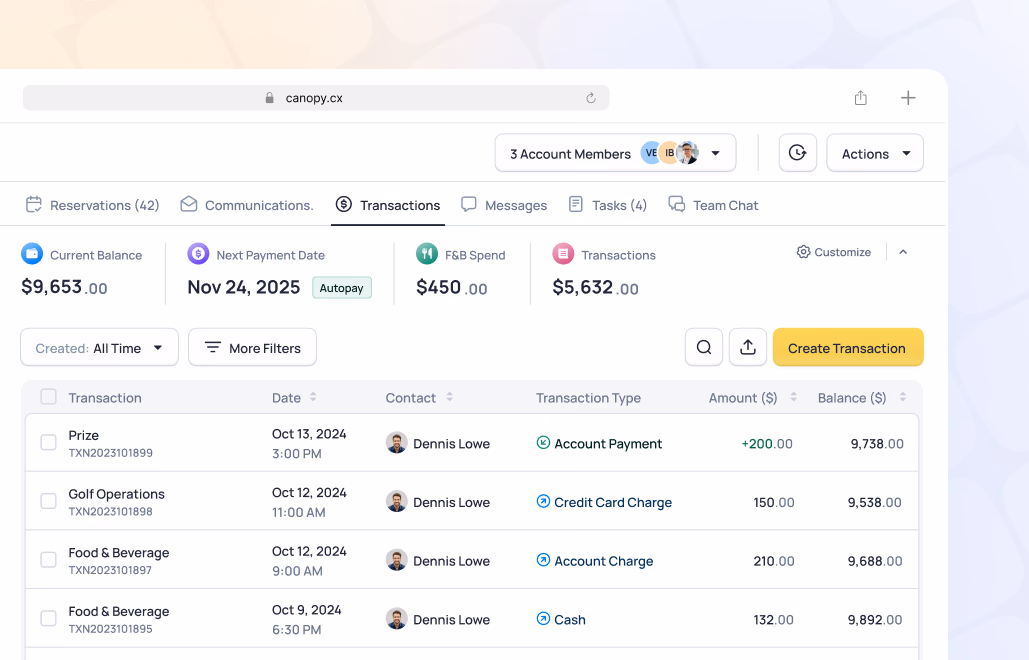 Canopy financial dashboard showing account balance of $9,653, transactions list, and account member details with recent payments and charges