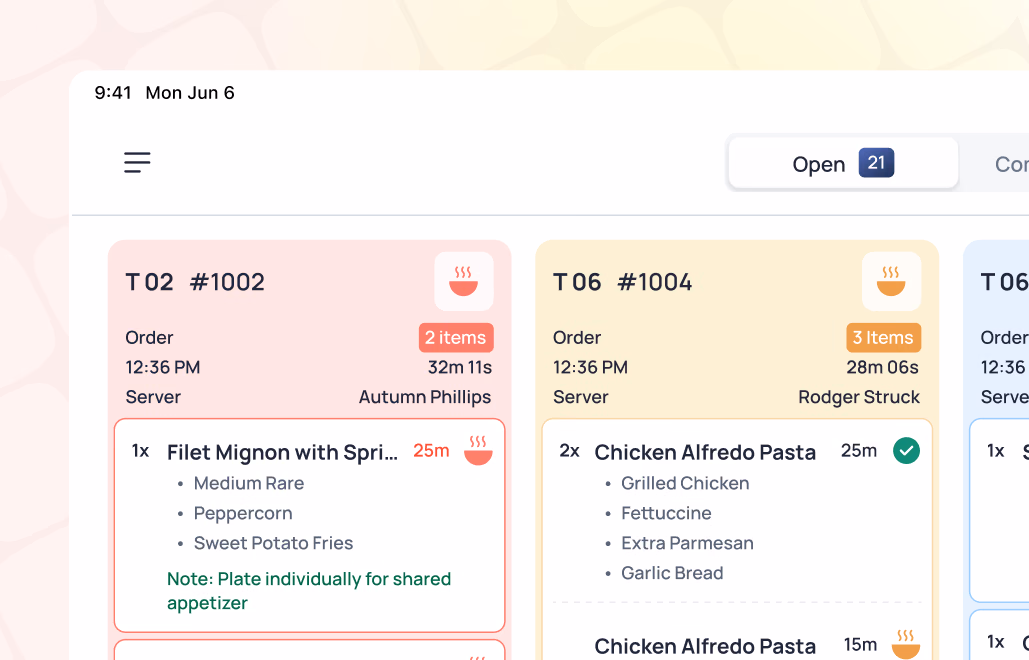 Mobile restaurant order display showing three active orders (T02, T06, T06) with menu items, times, and server assignments