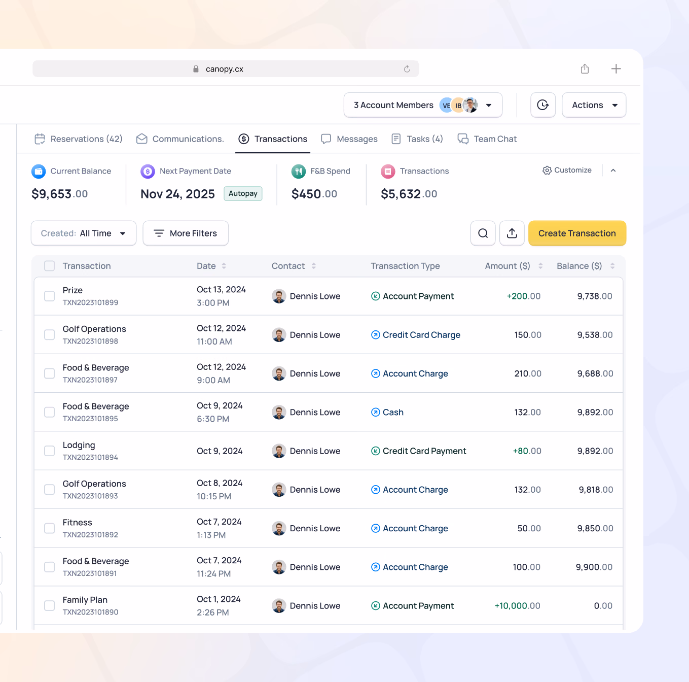 Canopy account dashboard showing member transactions, balance of $9,653.00, and recent activity from October 2024