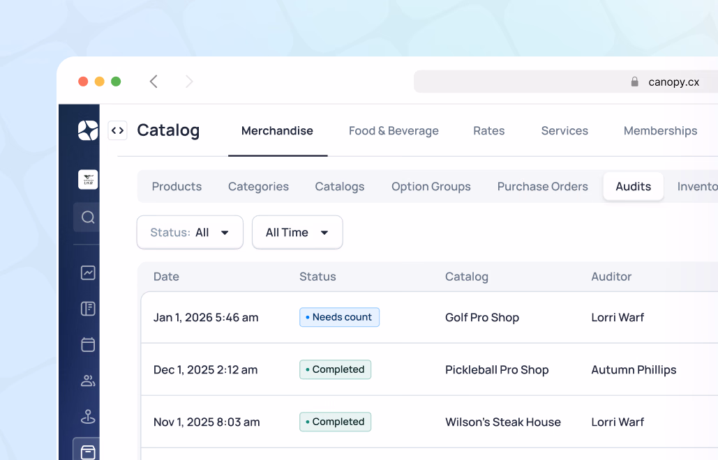 Canopy catalog audit log showing three entries with dates, statuses, catalog names, and auditor information