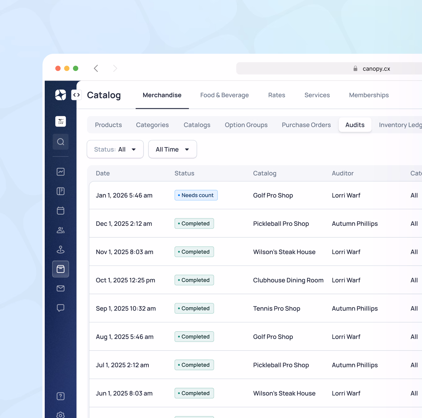 Catalog audit log showing completed and needs count statuses for various restaurant and shop locations from Jan 2026 to Jun 2025