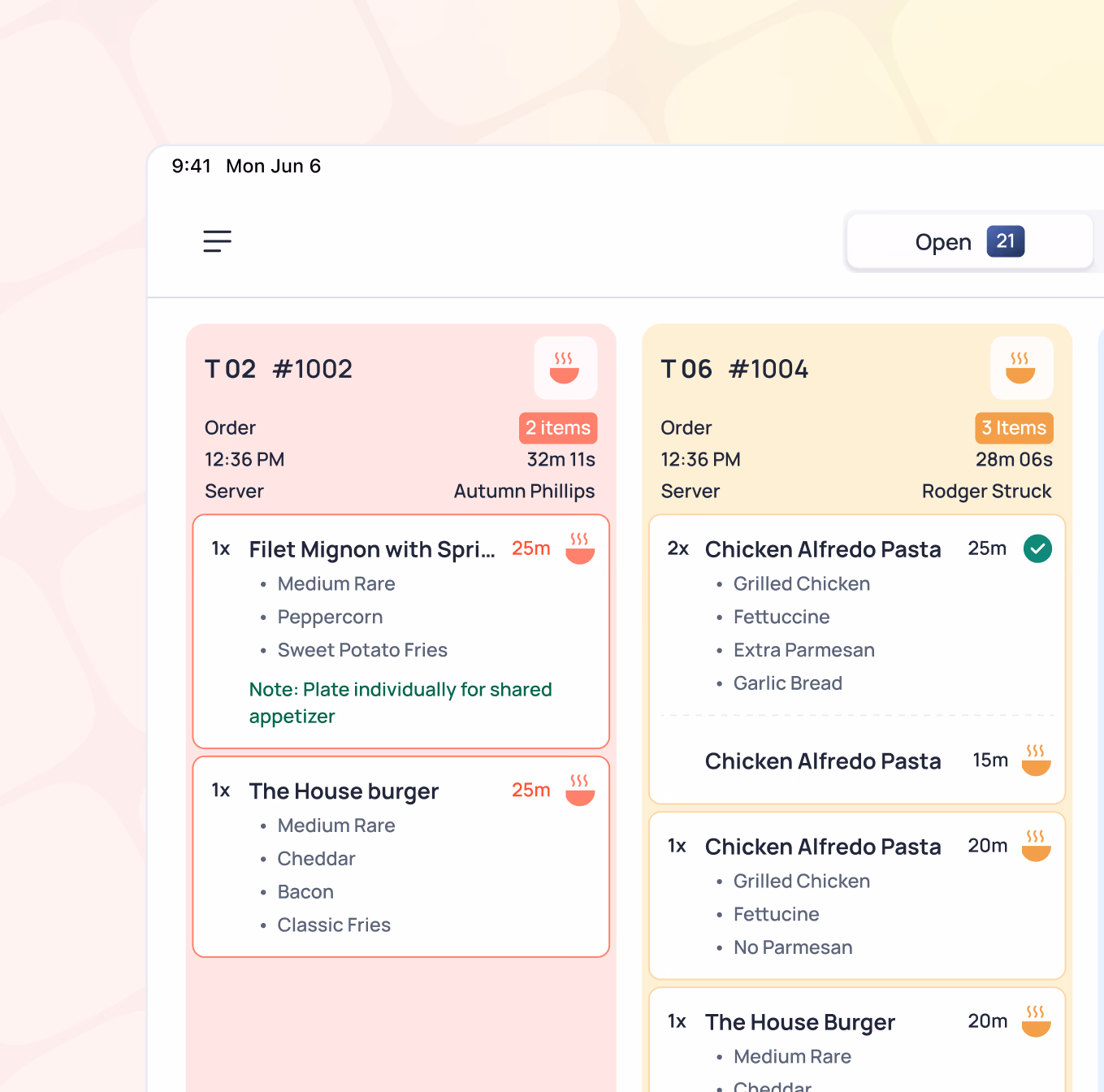 Restaurant order management screen showing two active orders with menu items, times, and server assignments from Autumn Phillips and Rodger Struck