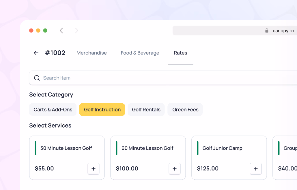 Golf instruction service selection showing lesson options priced from $55 to $125 with add-to-cart buttons