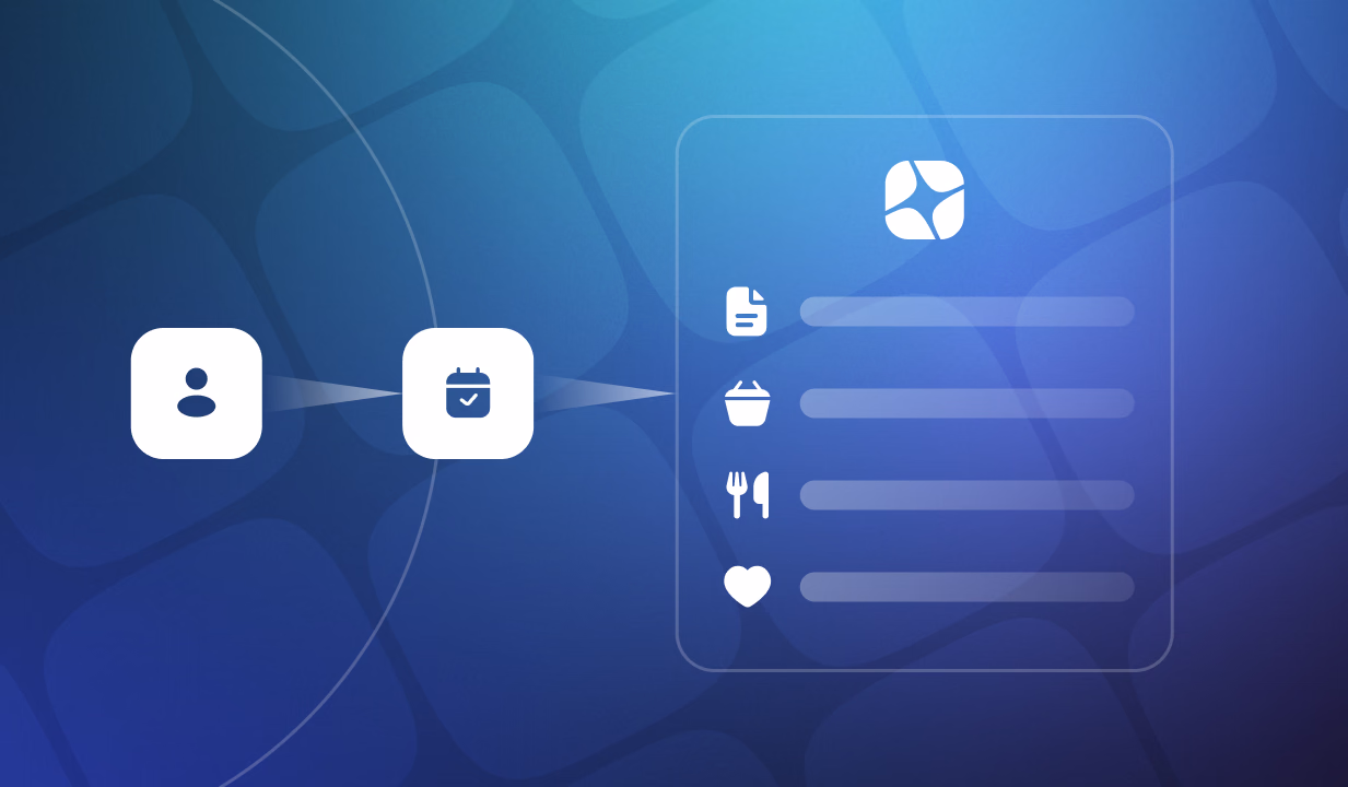 User profile icon connects to shopping bag icon, which links to menu showing documents, shopping, settings, and favorites options