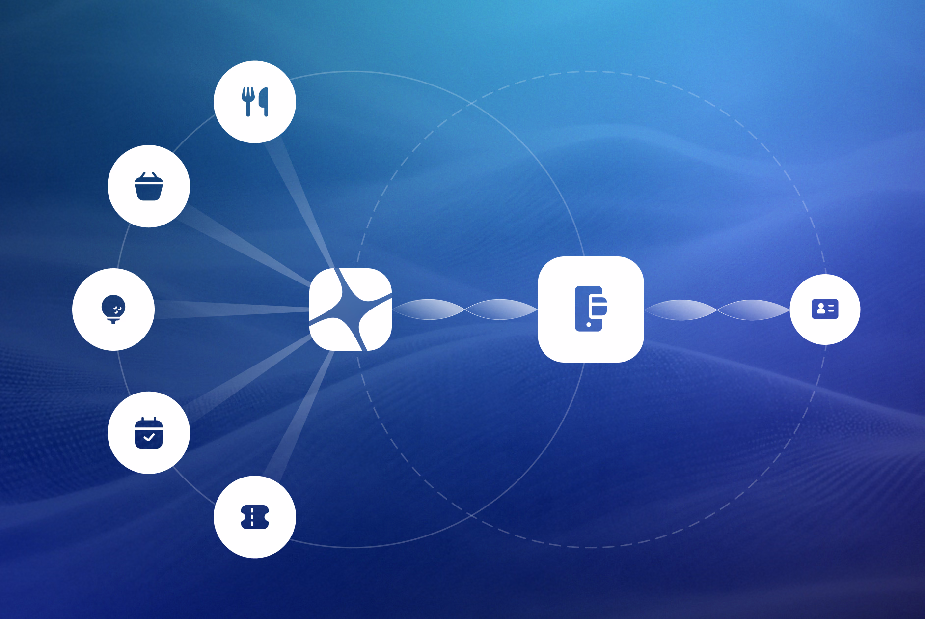 Network diagram showing a central hub connecting multiple icons representing different business functions and services on a blue background
