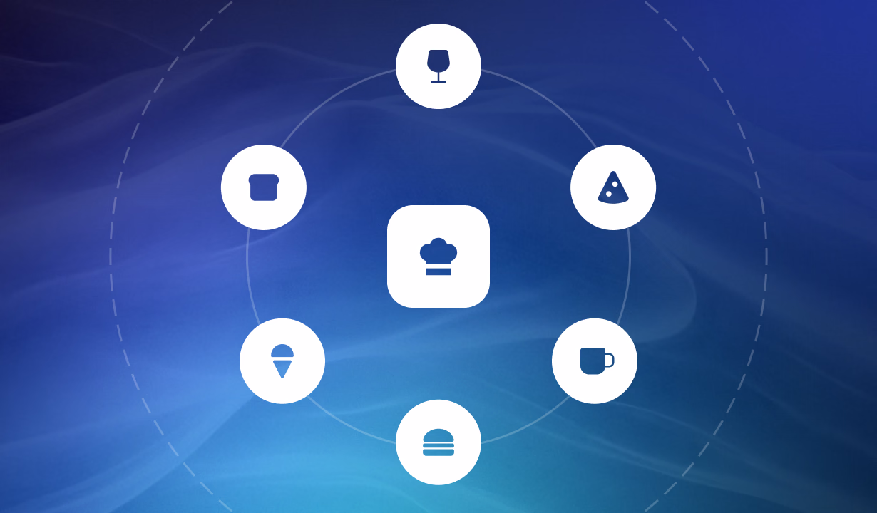 Six food and kitchen icons arranged in a circle around a central chef hat icon on a blue gradient background