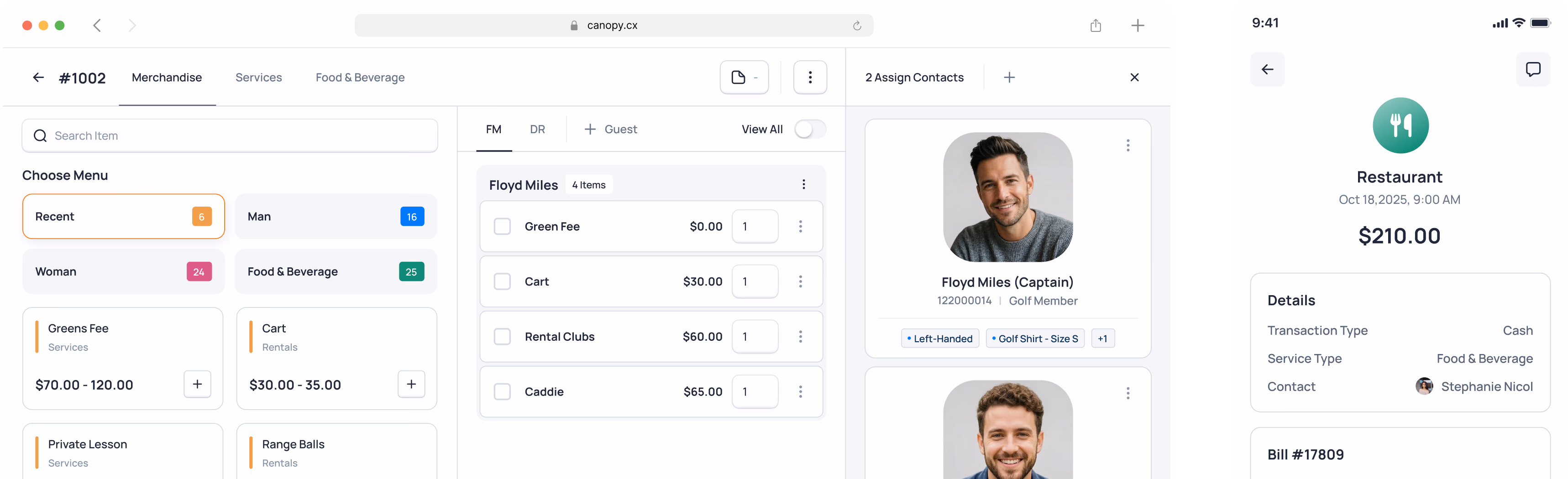 Restaurant POS system interface showing menu items, pricing, staff profiles, and order management dashboard